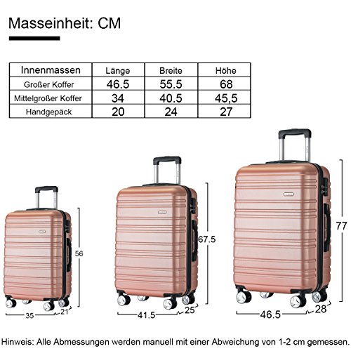 Flieks Hartschale Trolley Koffer Reisekoffer Zwillingsrollen Reisekoffer mit Zahlenschloss Handgepäck mit (Pink, Set) - 4