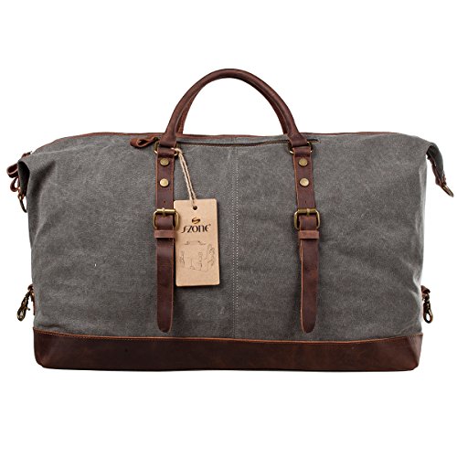 S-ZONE Größere Version Vintage Segeltuch Canvas Leder Unisex Handgepäck Reisetasche Sporttasche für Reise am Wochenend Urlaub 52 Liter Aktualisiert Updated (Grau) - 3