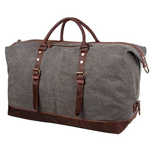 S-ZONE Größere Version Vintage Segeltuch Canvas Leder Unisex Handgepäck Reisetasche Sporttasche für Reise am Wochenend Urlaub 52 Liter Aktualisiert Updated (Grau) - 4
