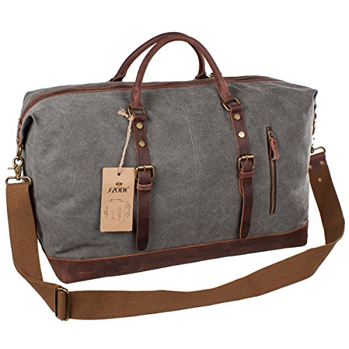 S-ZONE Größere Version Vintage Segeltuch Canvas Leder Unisex Handgepäck Reisetasche Sporttasche für Reise am Wochenend Urlaub 52 Liter Aktualisiert Updated (Grau) - 6