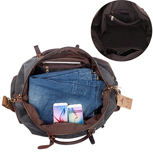 S-ZONE Größere Version Vintage Segeltuch Canvas Leder Unisex Handgepäck Reisetasche Sporttasche für Reise am Wochenend Urlaub 52 Liter Aktualisiert Updated (Grau) - 7